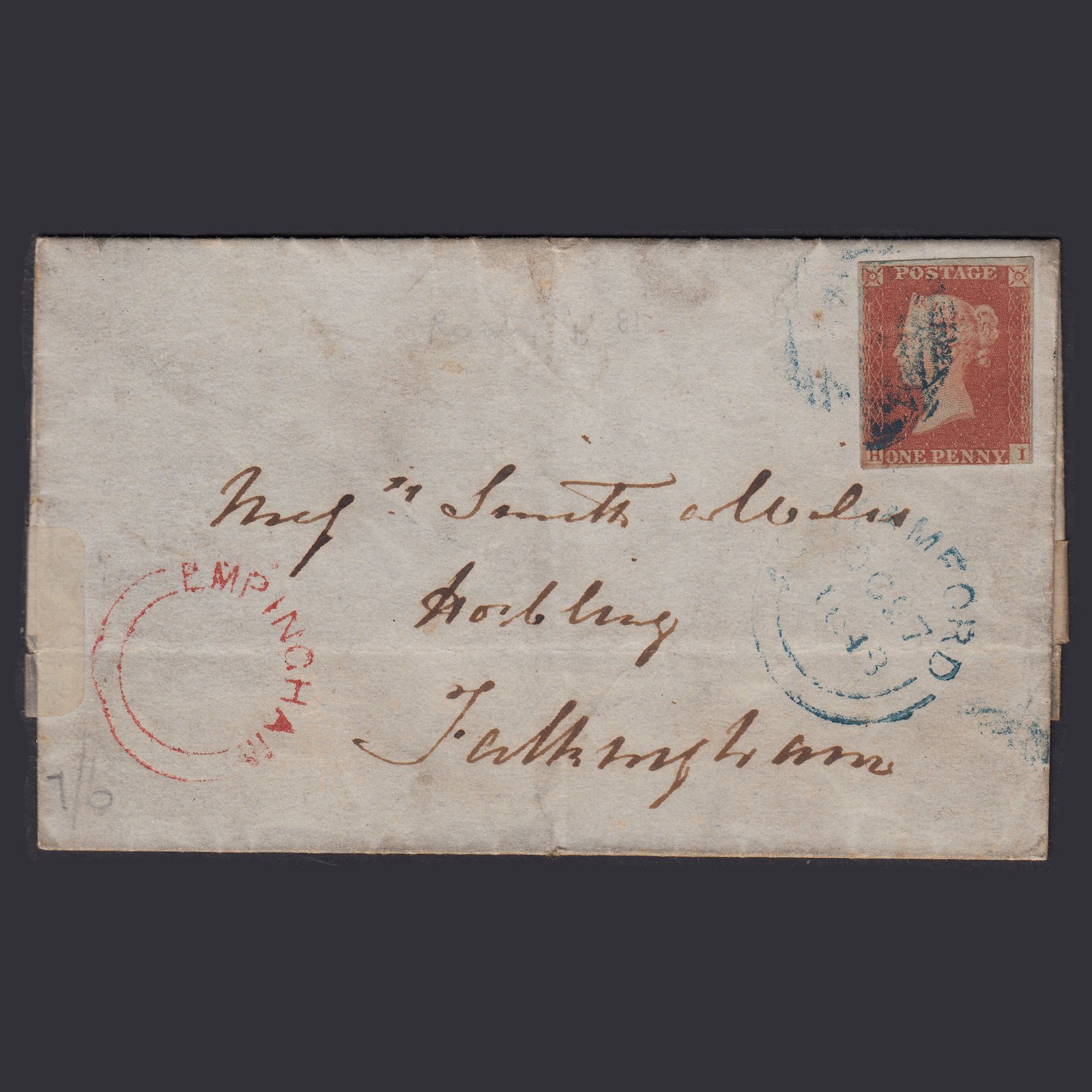 GB QV 1841 1d Pl 81 SG8-B1(1) HI Blue Stamford Wrapper Well Travelled 