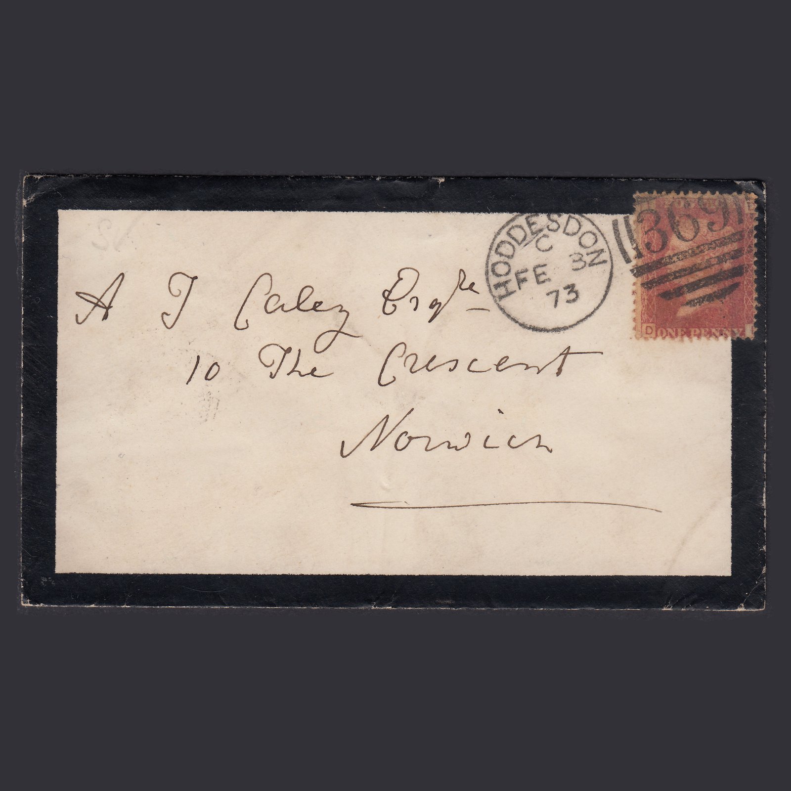 GB QV 1873 1d Pl 117 SG44-G1(2) DI GU Hoddesdon Norwich Mourning Cover