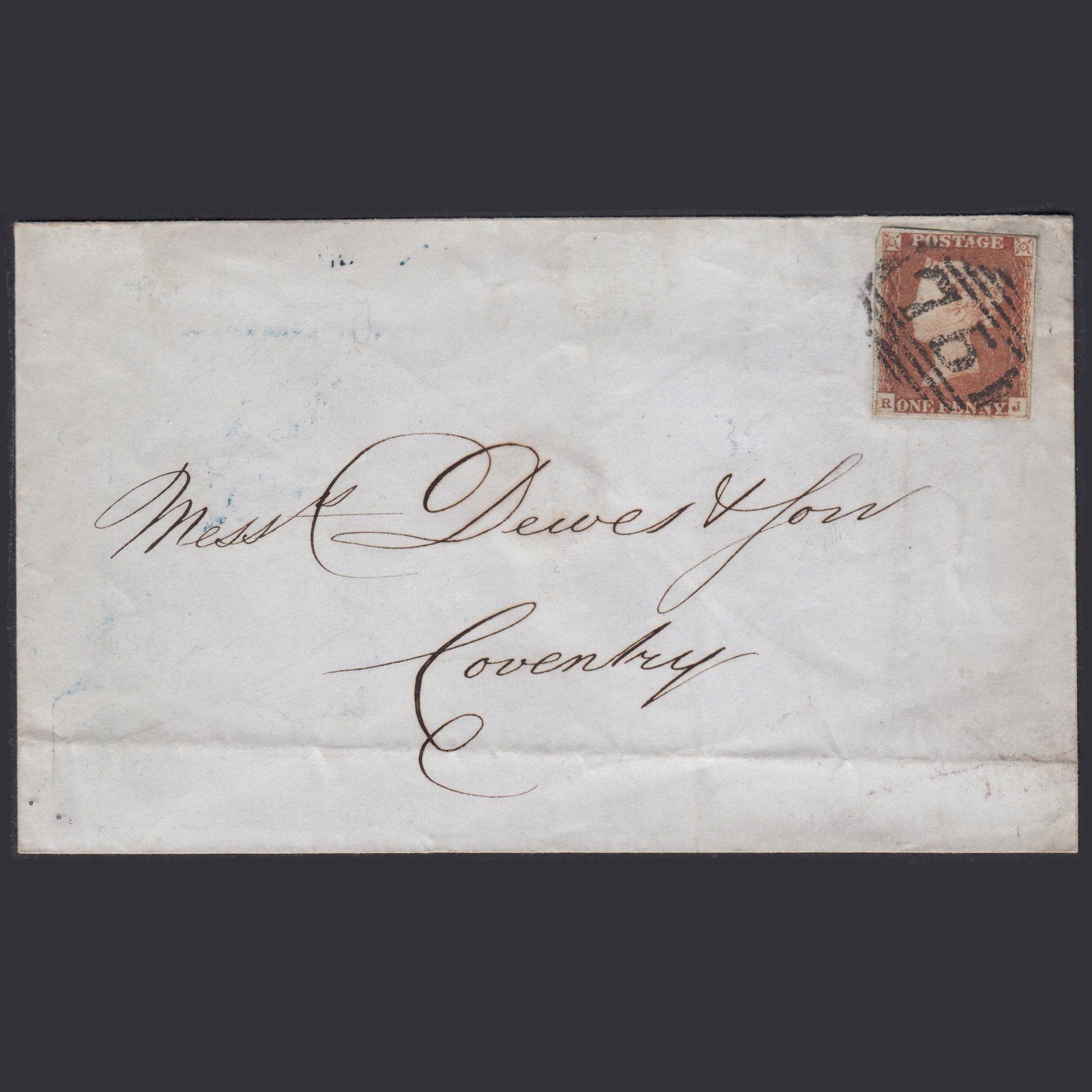 GB QV 1848 1d Plate 66 SG8-B1(1) RJ FU 4M Birmingham Coventry Cover