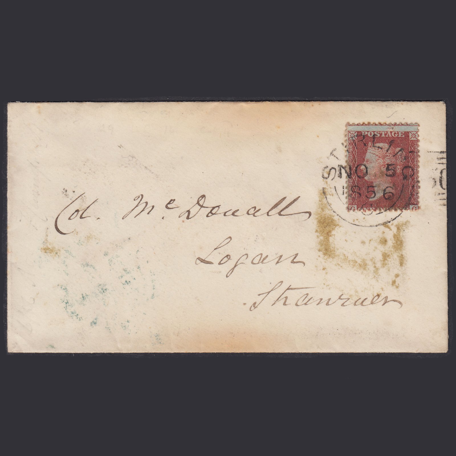 GB QV 1856 1d Plate 31 SG29-C8(1) GG GU Stirling 308 Experimental Cover