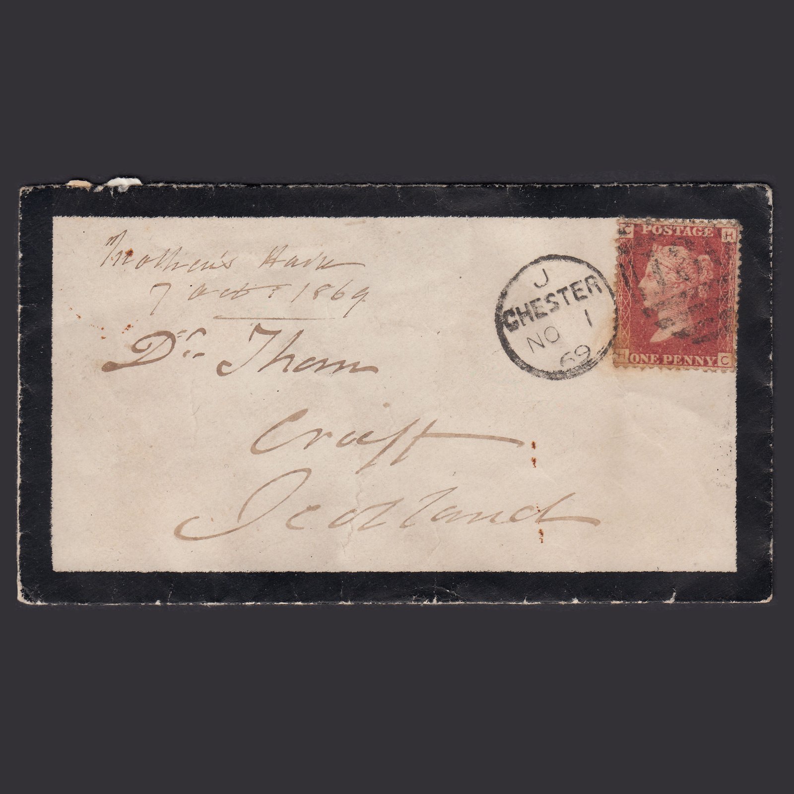 GB QV 1869 1d Plate 107 SG44-G1(2) HC GU Chester Crieff Mourning Cover