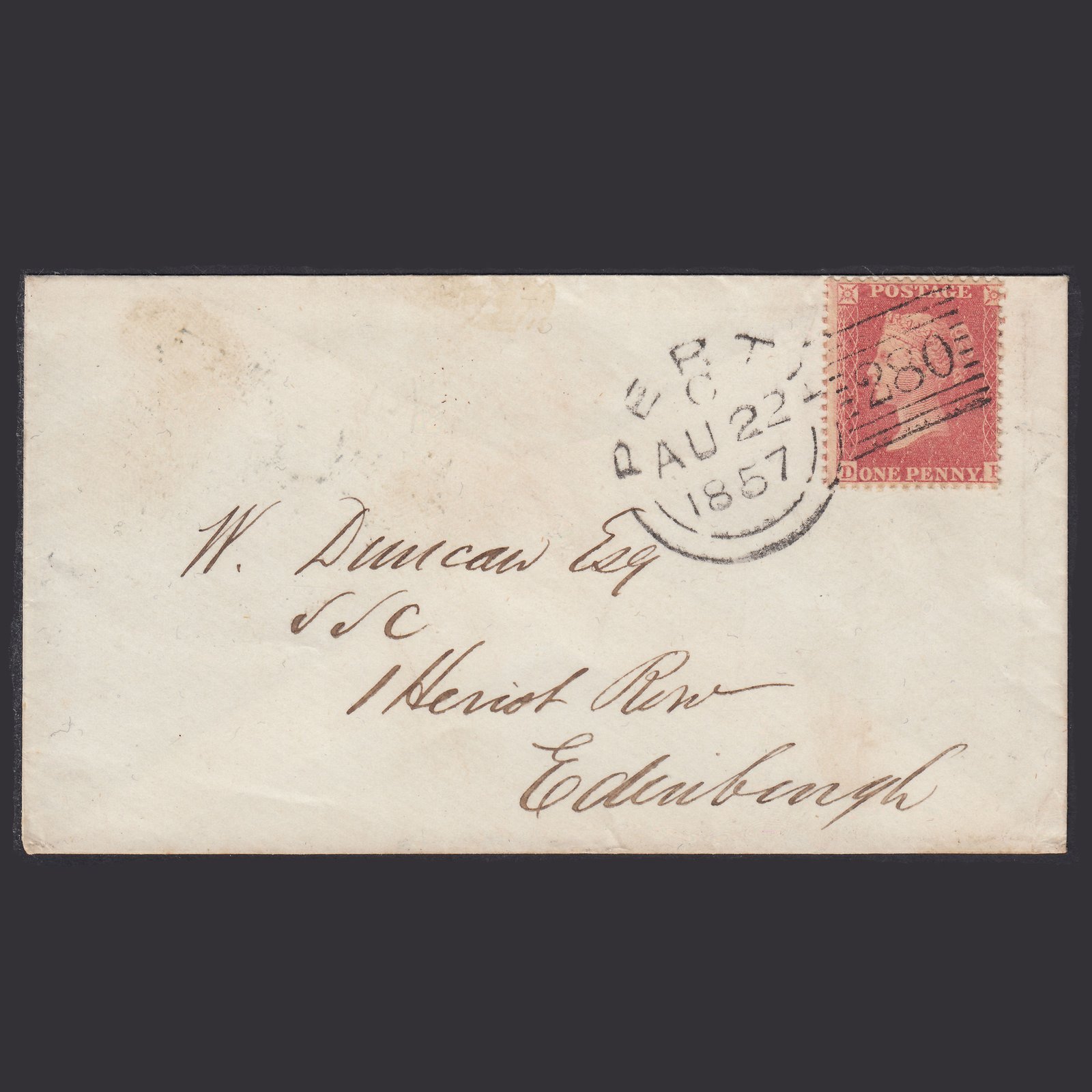 GB QV 1857 1d Rose Plate 42 SGC9A(2) DF VFU Perth Experimental On Cover