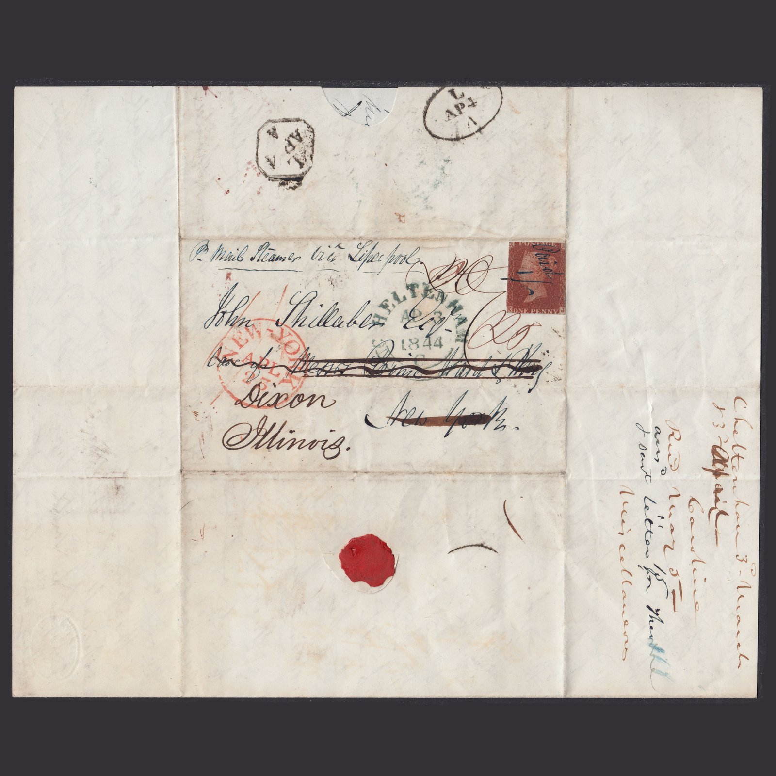 1844 1d Plate 42 SG8 Entire to John Shillaber via Steamship Cross Written