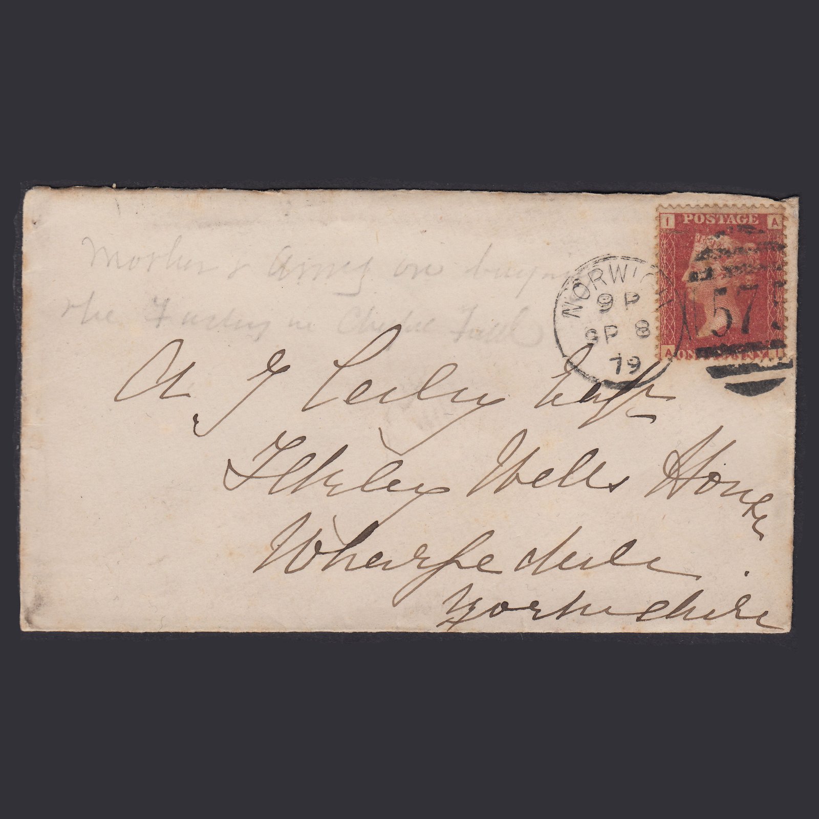 GB QV 1864 1d Plate 222 SG44-G1(2) AI GU Norwich Wharfedale Cover