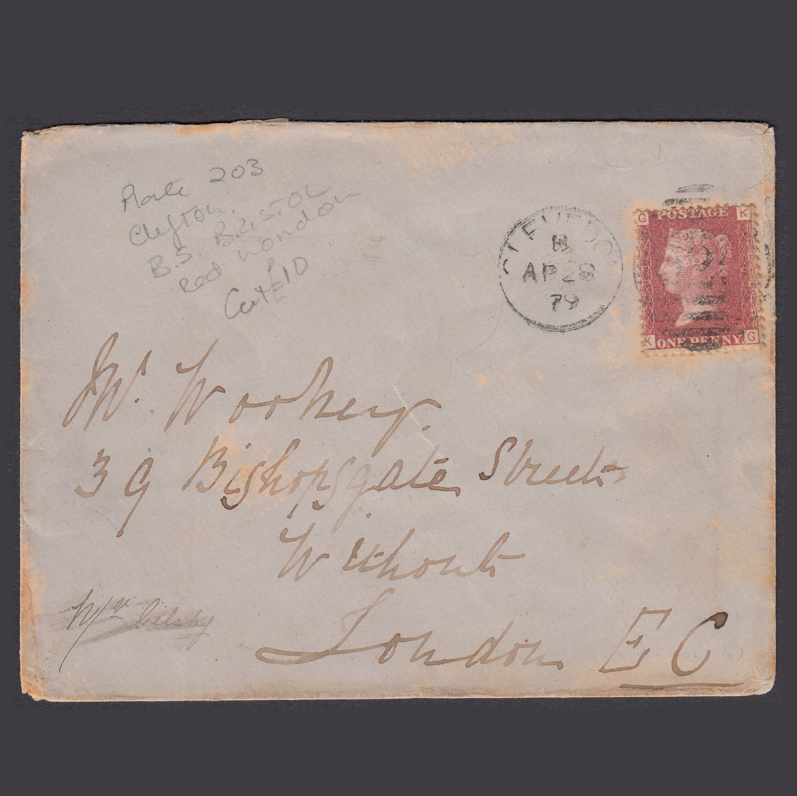 GB QV 1879 1d Plate 203 SG44-G1(2) KG GU on Clevedon To London Cover