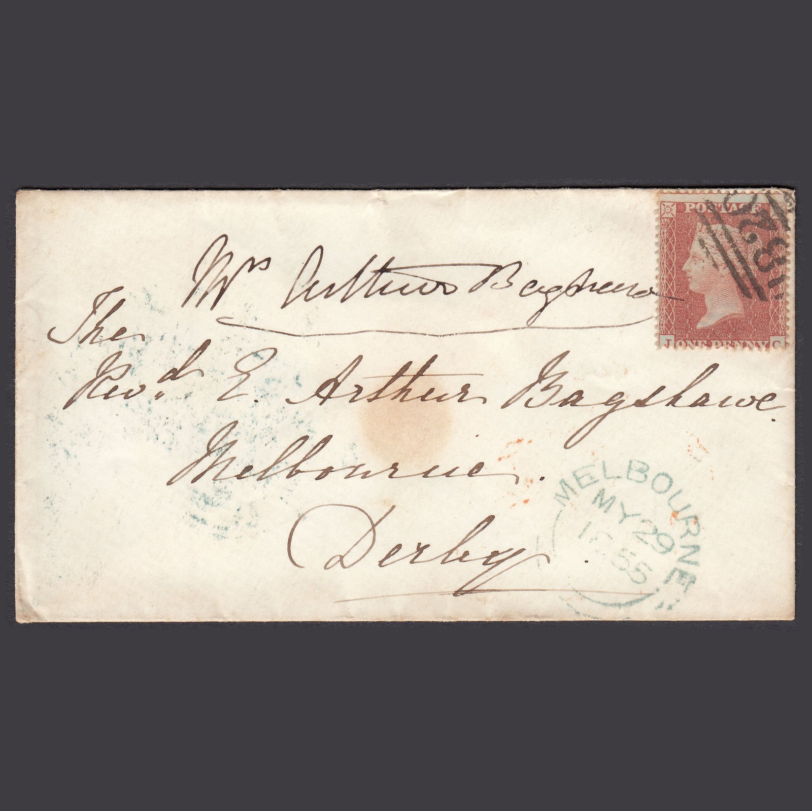 GB QV 1855 1d Plate 4 SG21-C4(1) JC FU Melbourne Mrs Bagshawe Cover