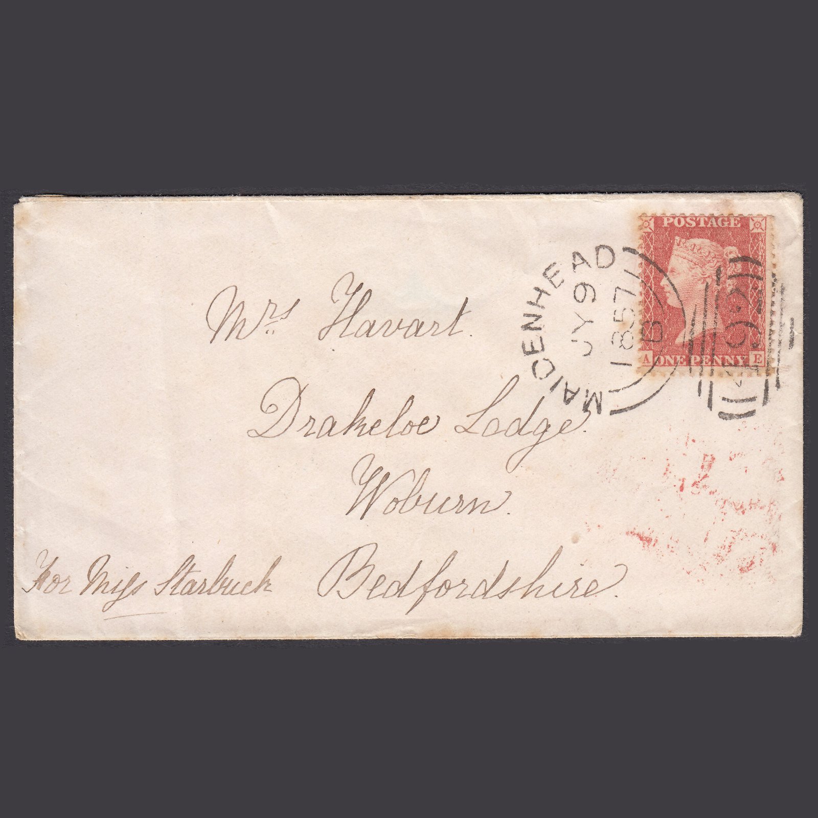 GB QV 1857 1d Pale Red Plate 45 SGC9(3) AE GU Drakelow Lodge Cover