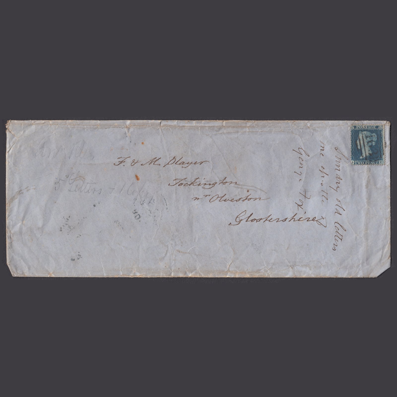 GB QV 1858 2d Blue Plate 6 SG36A-F8 JE PU Liskeard to Tockington Cover