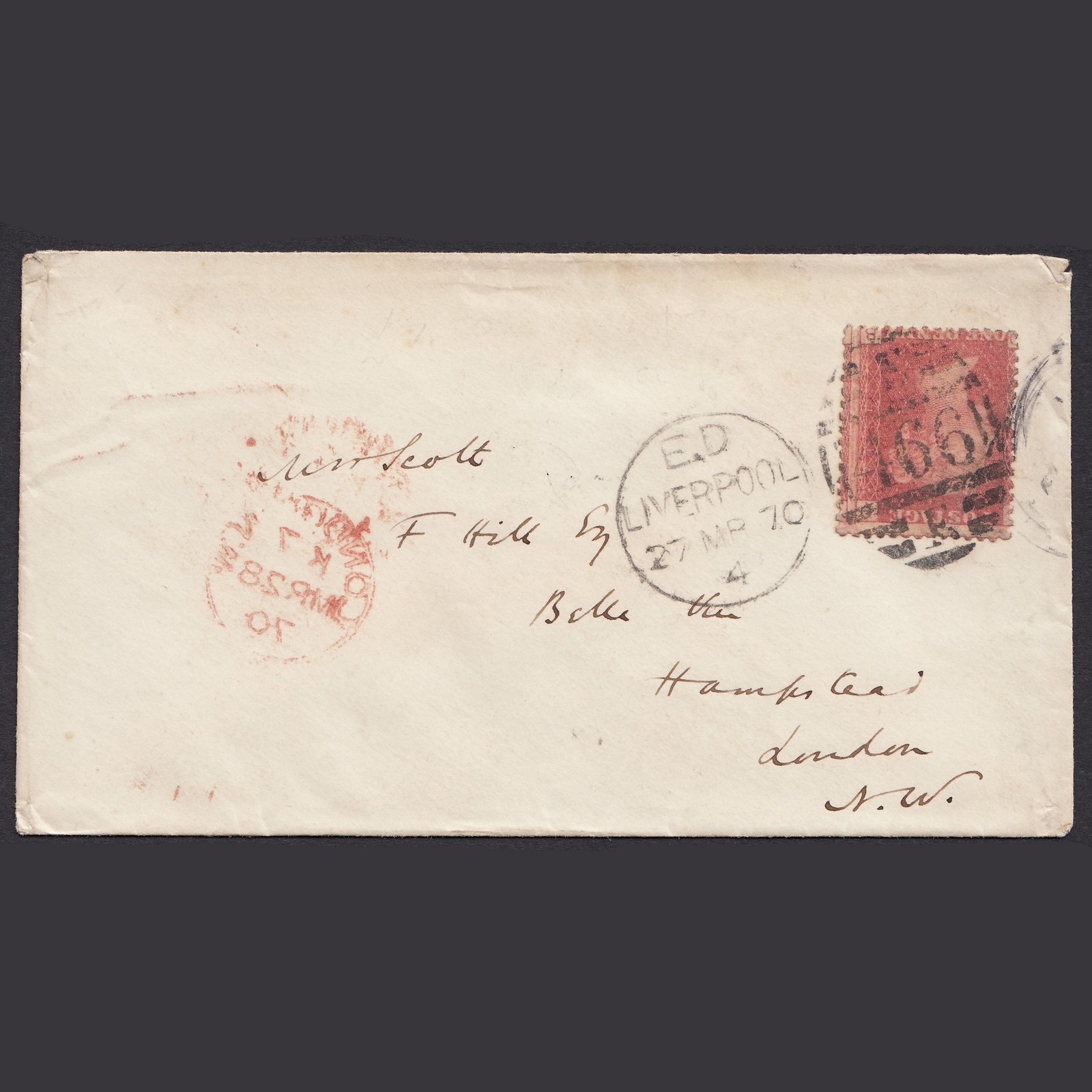 GB QV 1870 1d Lake-Red Pl 135 SG44-G1(2) QB GU Liverpool 466 E on Cover