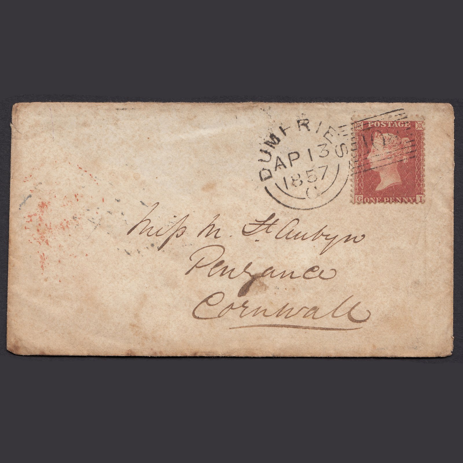 GB QV 1857 1d Plate 35 SG29-C8(1) GI FU Experimental Dumfries 108 Cover