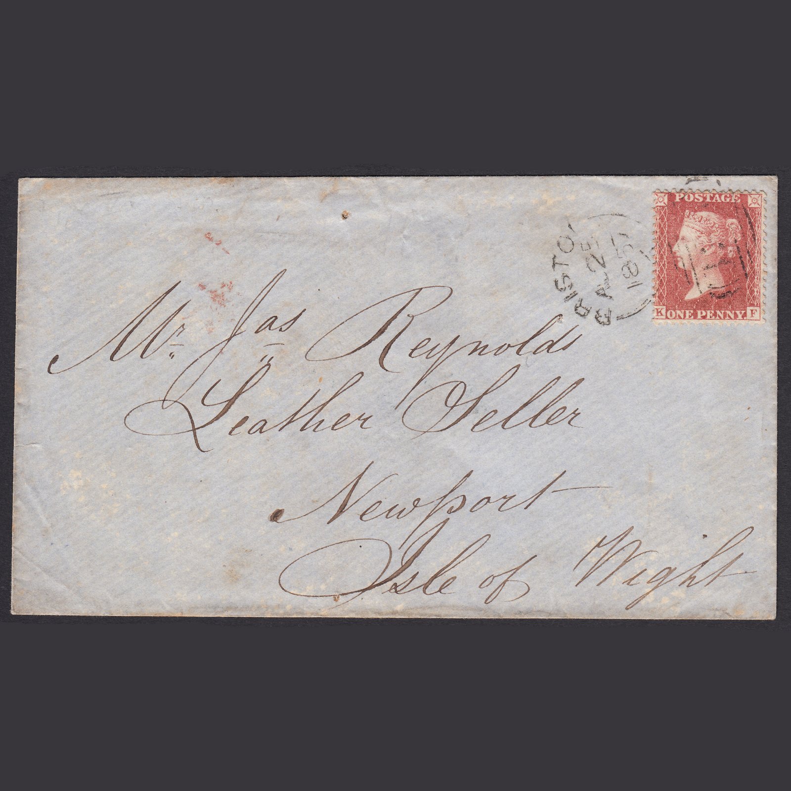 GB QV 1857 1d Rose Plate 43 SGC9A(2) KF VFU Bristol Isle of Wight Cover