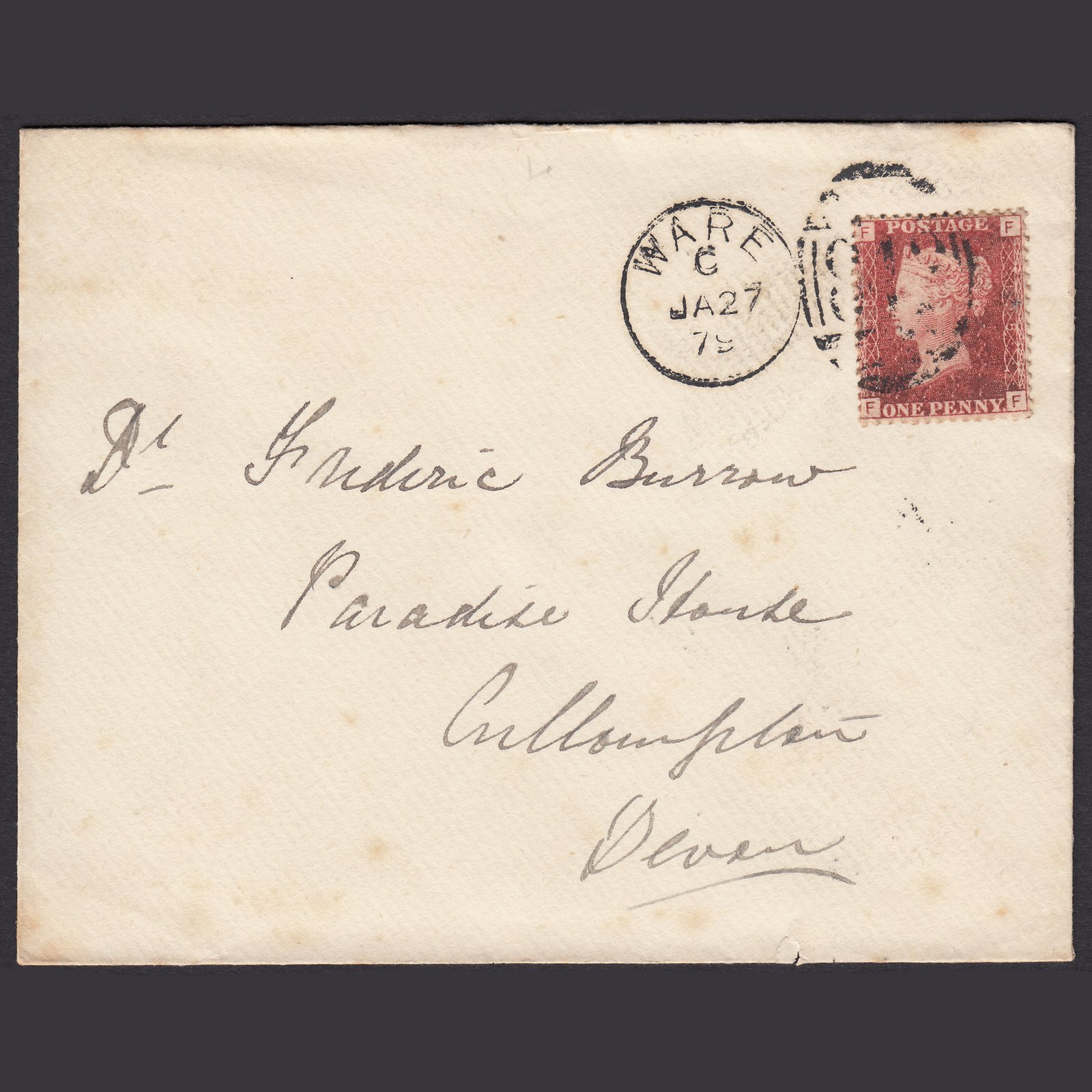 GB QV 1879 1d Lake-Red Plate 198 SG44-G1(2) FF FU Ware Cullompton Cover