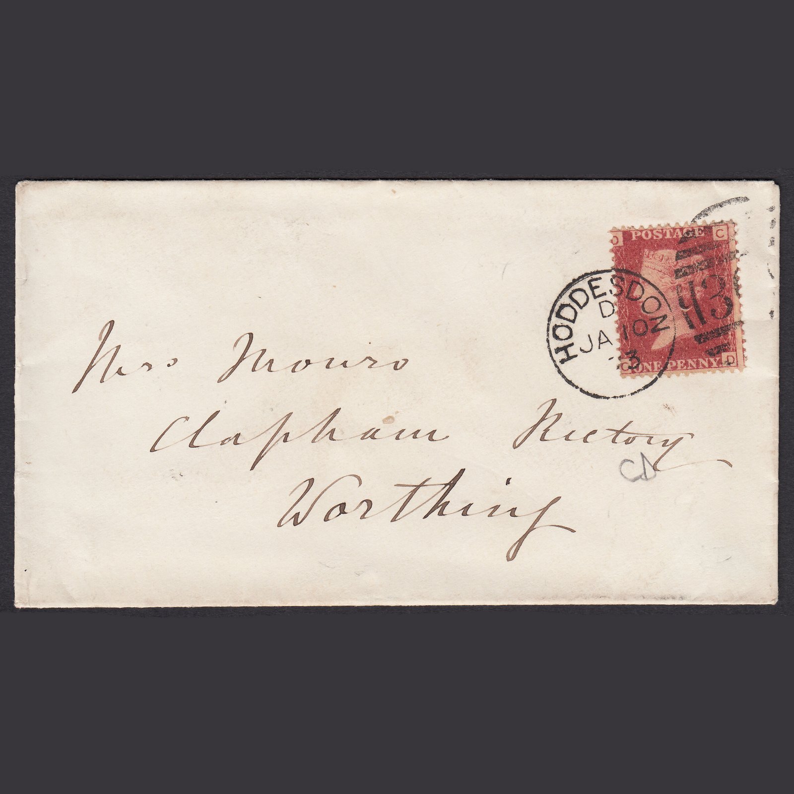 GB QV 1873 1d Lake-Red Pl 154 SG44-G1(2) DC GU Hoddesdon Clapham Rectory