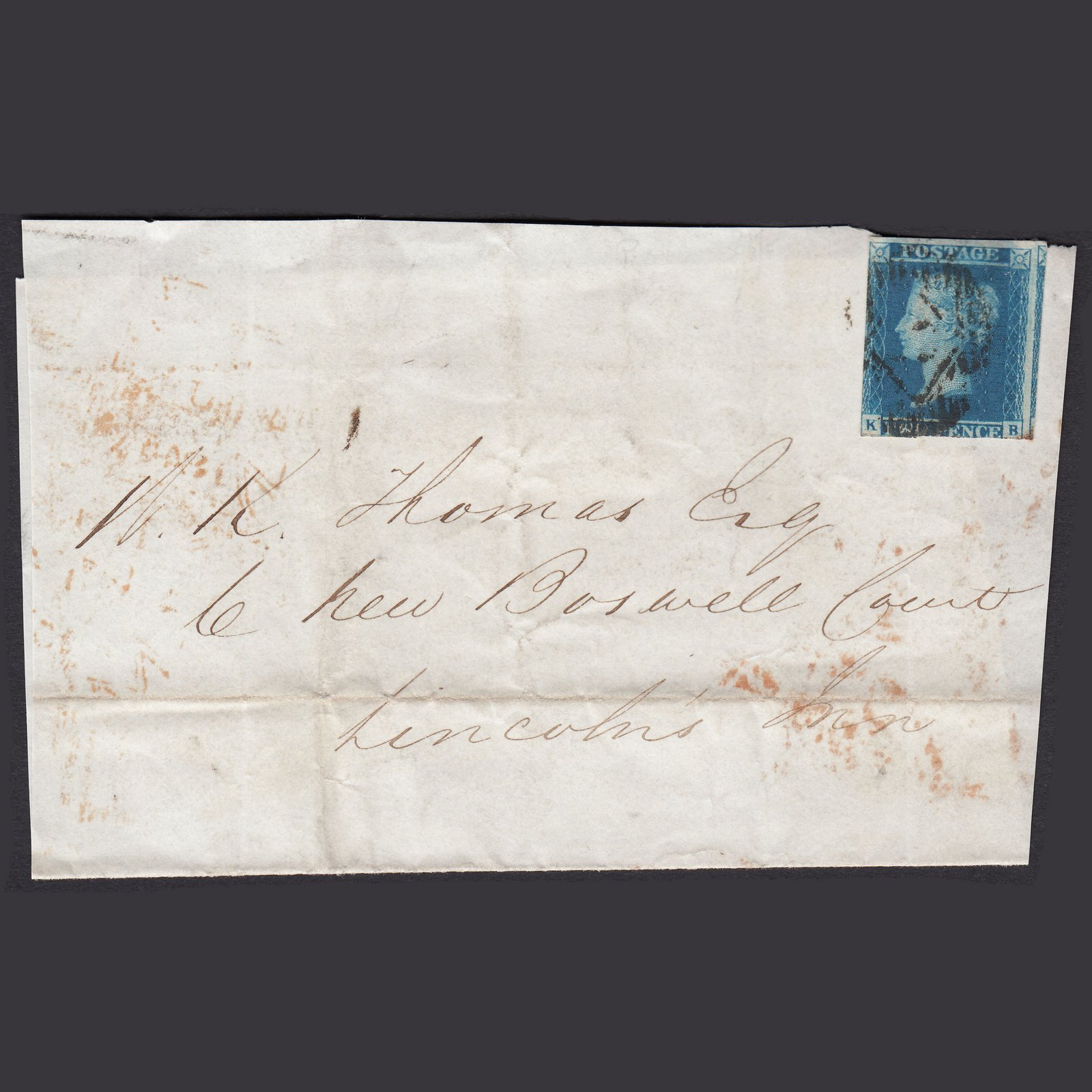 GB QV 1843 2d Blue Plate 3 SG14-E1(2) KB GU Lincoln's Inn Wrapper