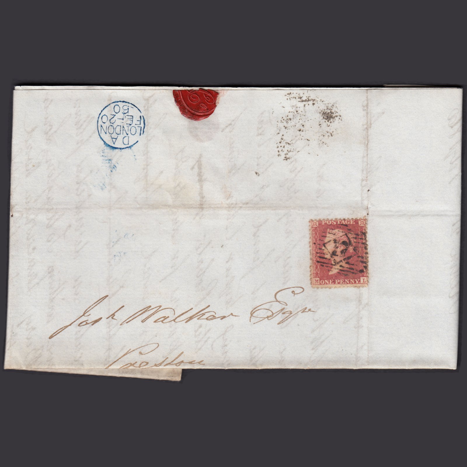 GB QV 1860 1d Rose-Red Plate 44 SG40-C10(1) ML GU London Preston Entire