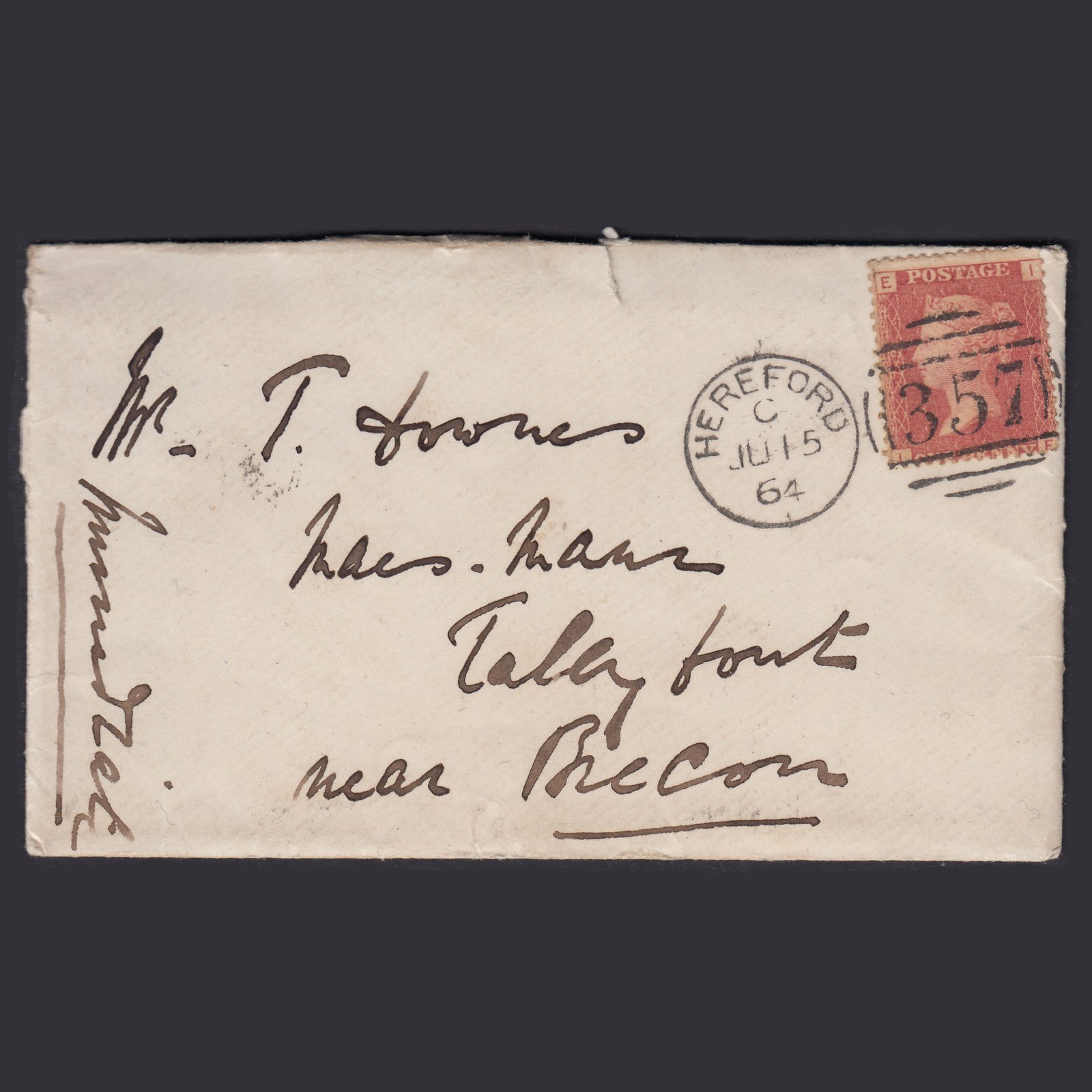 GB QV 1864 1d Pl 79 SG43-G1(1) IE FU Hereford Tallybont Cover & Letter