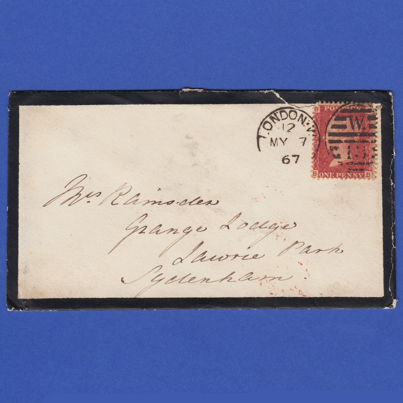 GB QV 1867 1d Lake-Red Plate 86 SG44-G1(2) BB PU London Mourning Cover