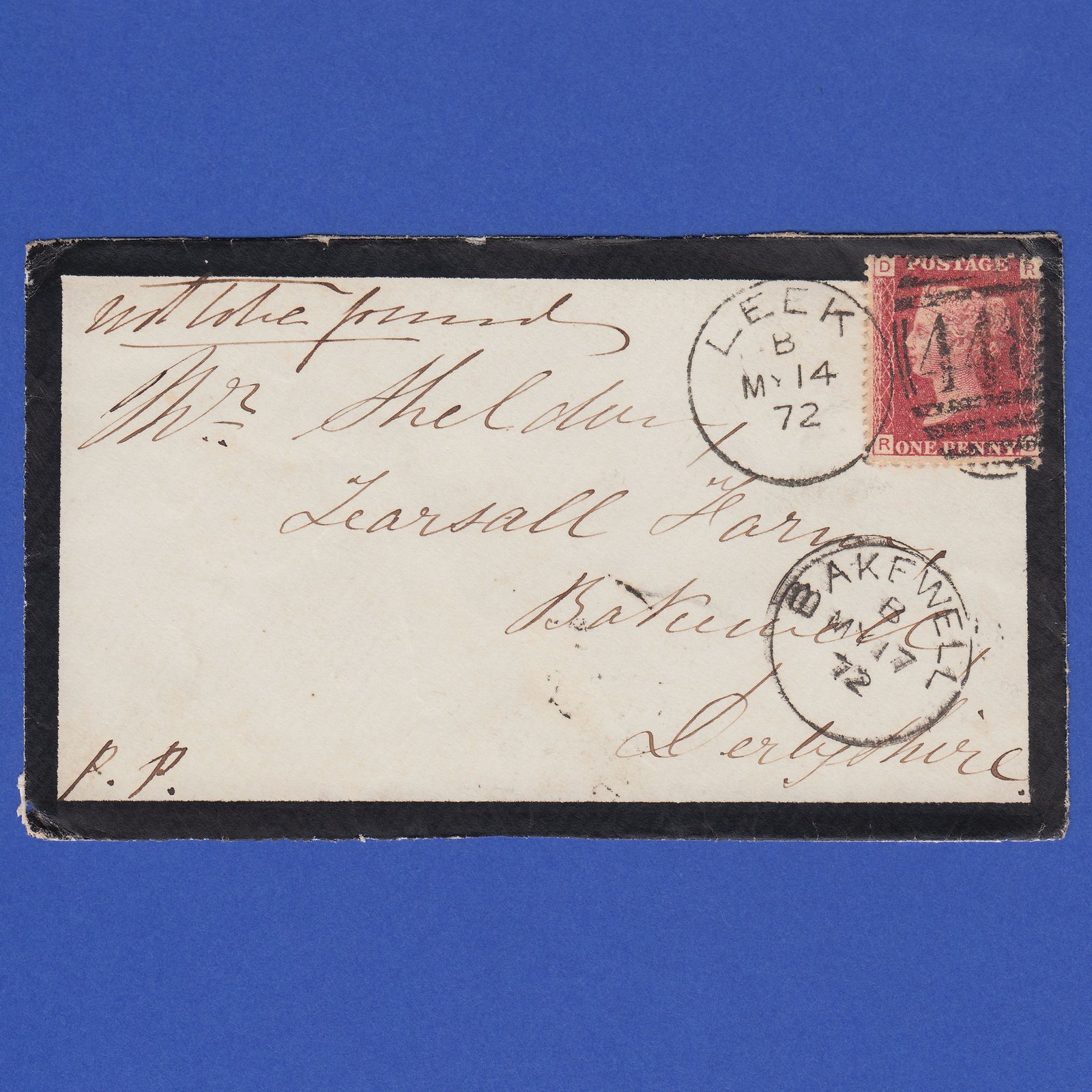 GB QV 1872 1d Lake-Red Plate 127 SG44-G1(2) RD FU Leek to Bakewell Front