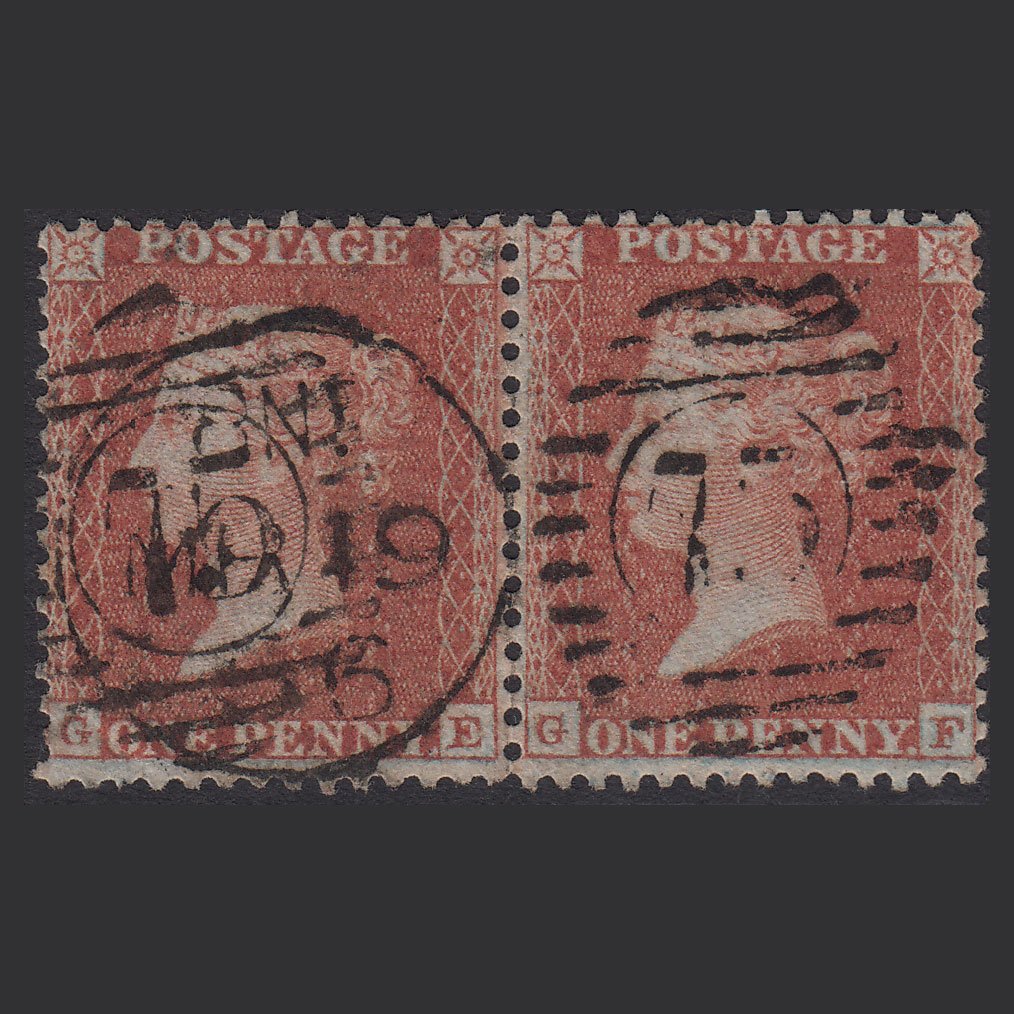 GB QV 1855 1d Brown-rose (Plate 12) SGC6(4) GE-GF GU Pair D&S 75 Micro Tear