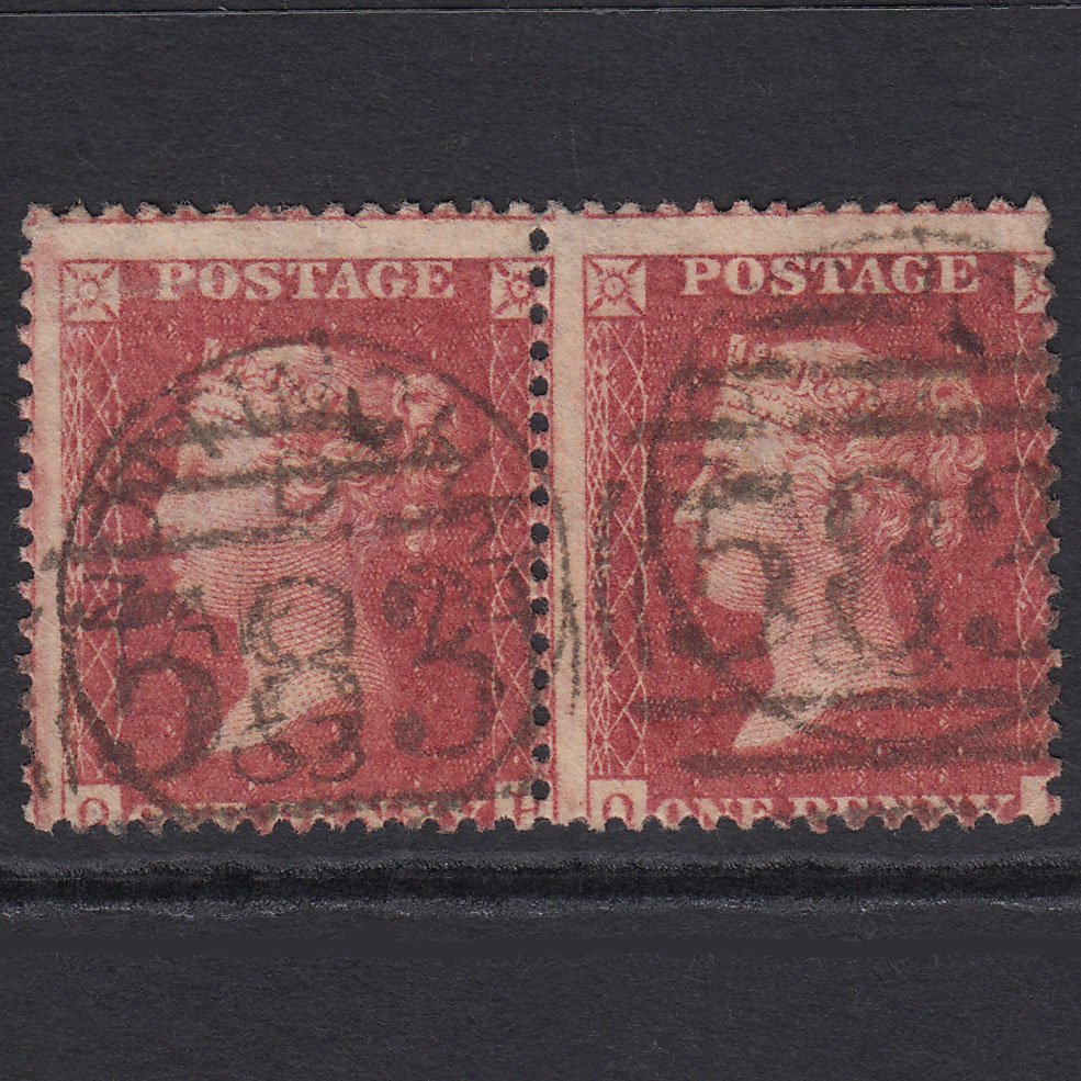 GB QV 1857 1d Rose-red SG40-C10(1) QH-QI GU Pair Nottingham 583 Misperf