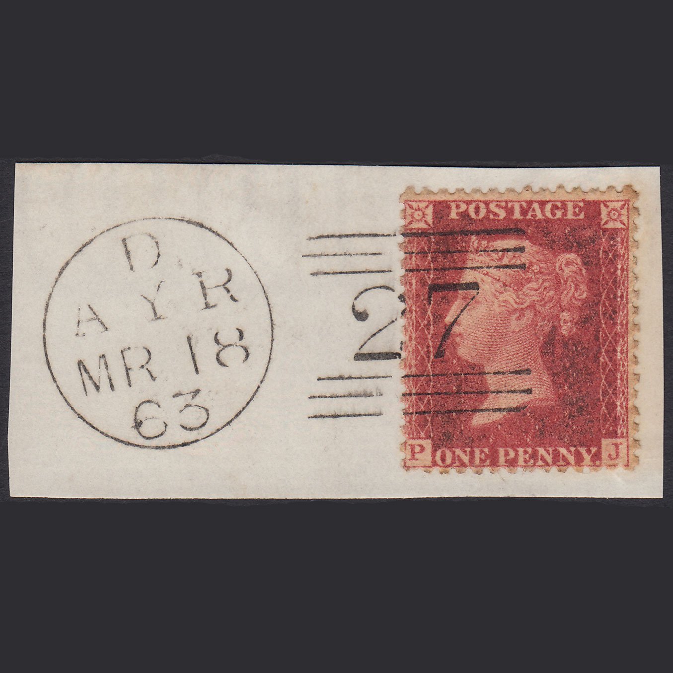 GB QV 1861 1d (Plate 51) SG42-C12(3) PJ FU Ayr 27 on Piece Later State?