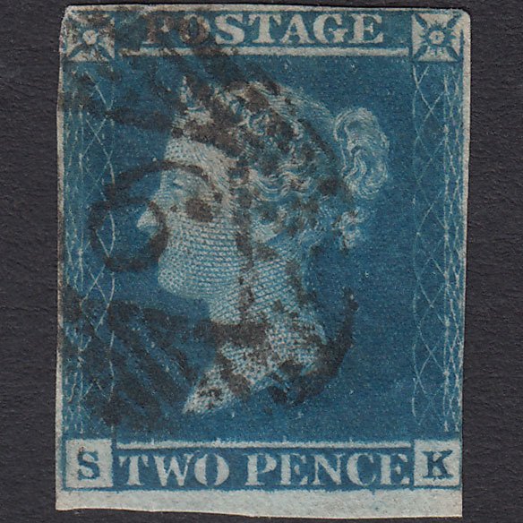 GB QV 1841 2d Blue (Plate 3) SG14-E1(2) SK GU nr 4 Margins Light Cancel 9
