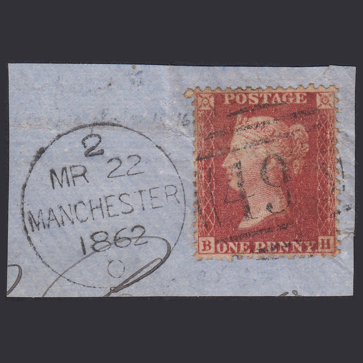 GB QV 1857 1d Rose-Red Plate 42 SG40-C10(1) BH FU Manchester 498 On Piece