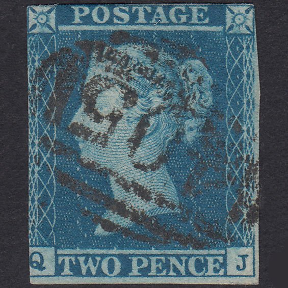 GB QV 1841 2d Blue Plate 4 SG14-E1(2) QJ FU Ipswich 405