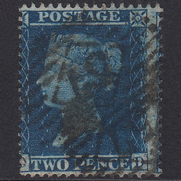 GB QV 1858 2d Blue Plate 6 SG36A-F8 OD GU London IS 57 Misperf