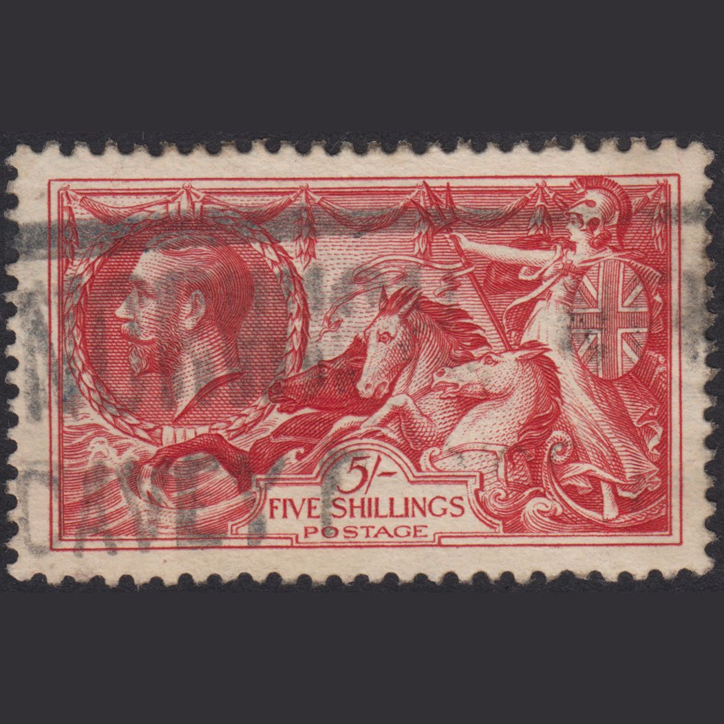 GB KG5 1934 5/- Bright Rose-Red Seahorses SG451-N74 FU Norwich Davey Place