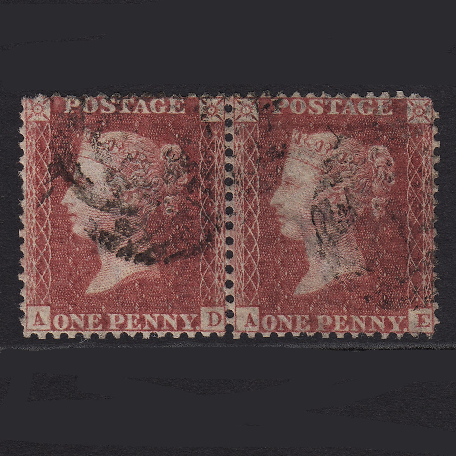 GB QV 1857 1d Rose-red (Plate 52) SG40-C10(1) AD-AE GU Pair Missing Imprimaturs