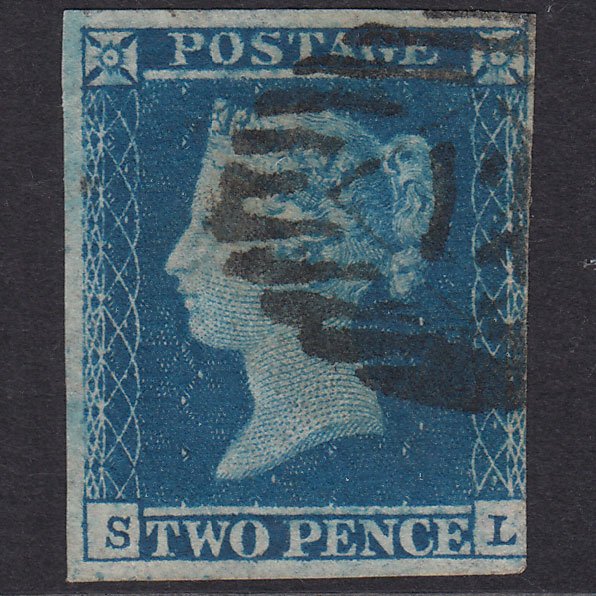 GB QV 1841 2d Blue Plate 4 SG14-E1(2) SL FU 3 Margins London Is Cancel