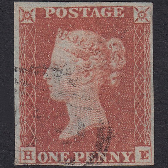 GB QV 1841 1d Red-Brown Plate 80 SG8-B1(1) HE FU 4 Margins Light Cancel
