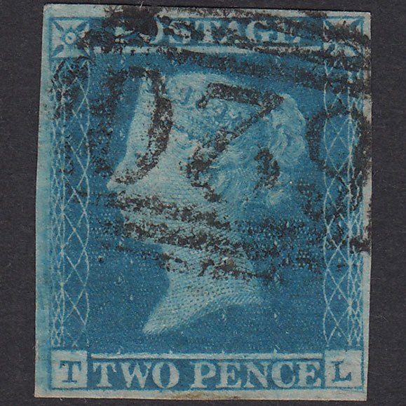 GB QV 1841 2d Blue Plate 4 SG14-E1(2) TL GU 4M Plymouth 620 Pinholes