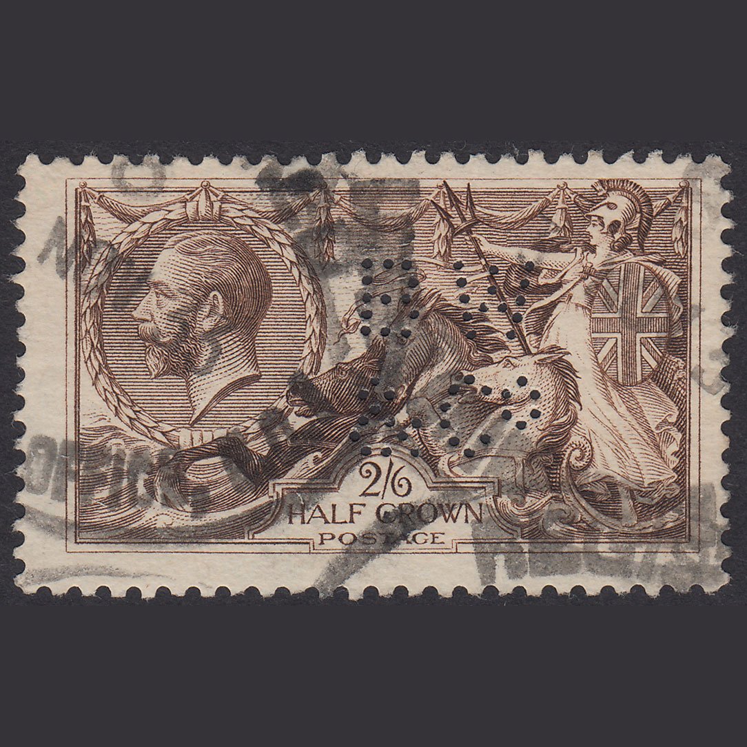 GB KG5 1918 2/6 Chocolate-Brown Seahorses SG414-N65(2) FU B W & Co Perfin