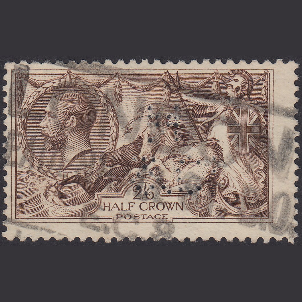 GB KG5 1918 2/6 Pale Brown Seahorses SG415A-N65(4) FU M & Co Perfin
