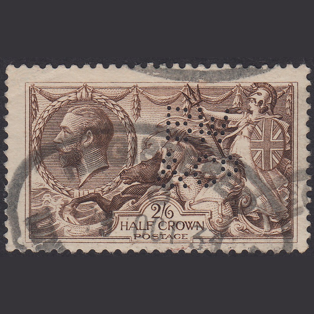 GB KG5 1918 2/6 Reddish Brown Seahorses SG415-N65(3) GU B W & Co Perfin