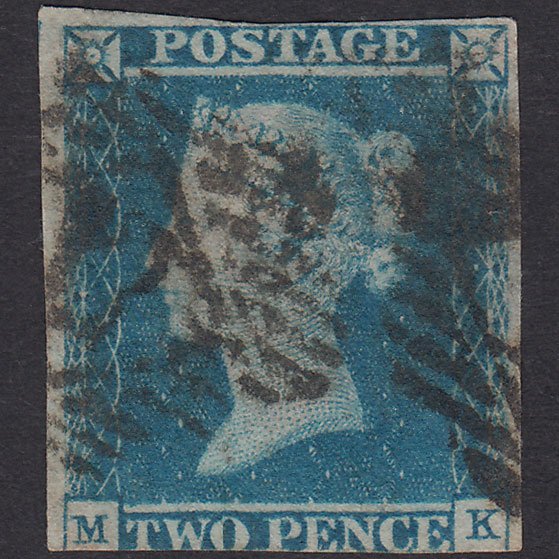 GB QV 1841 2d Blue Plate 3 SG14-E1(2) MK GU 3 Margins London IS Cancel