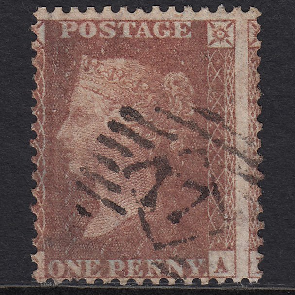 GB QV 1856 1d PUrple-brown SGC8(8) GU London IS 17 Large Misperf