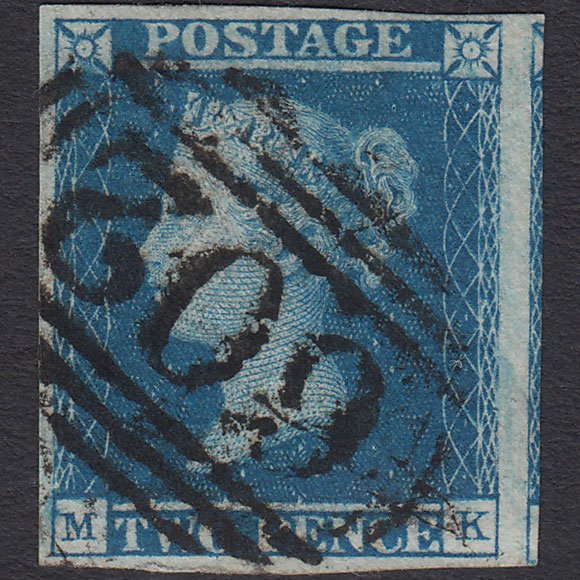GB QV 1841 2d Blue (Plate 3) SG14-E1(2) MK FU 4 Margins Ongar 602
