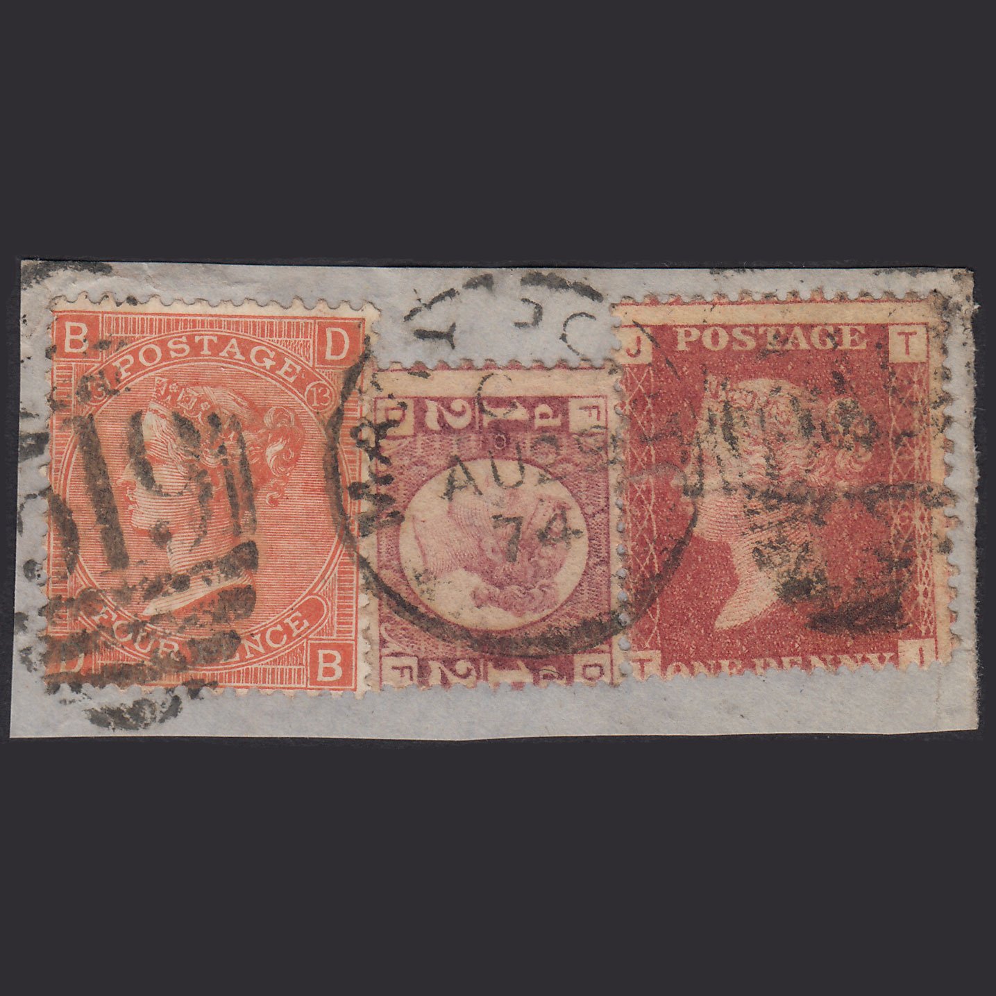 GB QV 1874 4d SG94 Pl13 & 1/2d SG48 Pl10 & 1d SG43 Pl156 GU On Piece