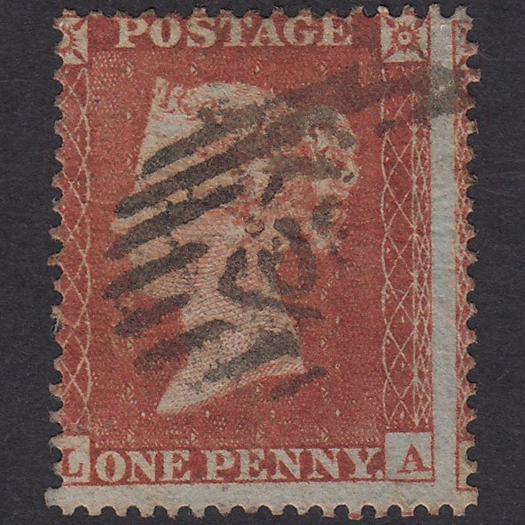 GB QV 1854 1d Red-Brown Plate R1 SG17-C1(1) LA GU Light Cancel Misperf