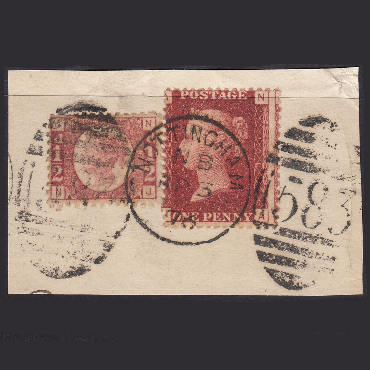GB QV 1876 1d Plate 146 SG44 VFU & 1/2d Plate 6 SG48 On Nottingham Piece
