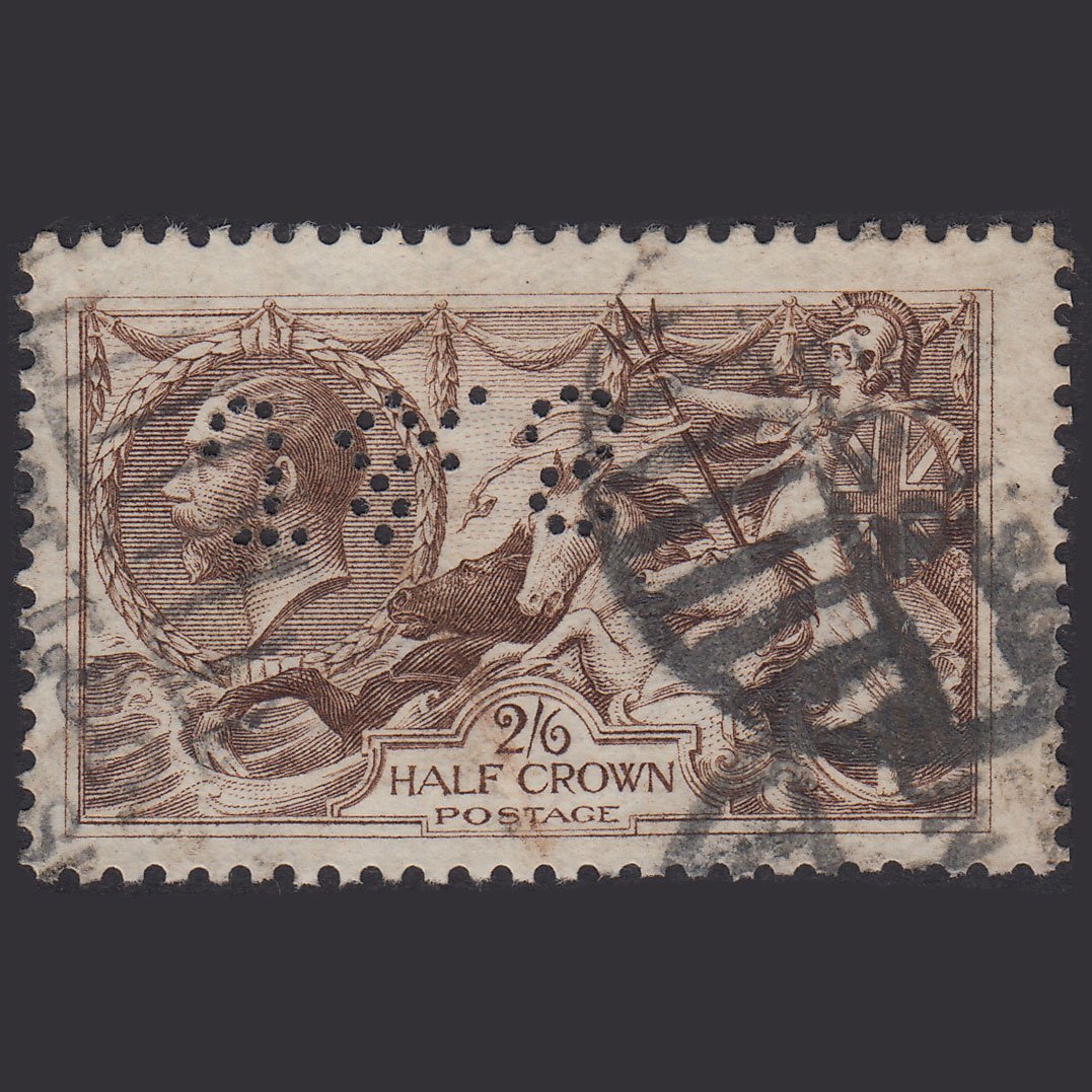 GB KG5 1918 2/6 Reddish Brown Seahorses SG415-N65(3) GU J&S Perfin