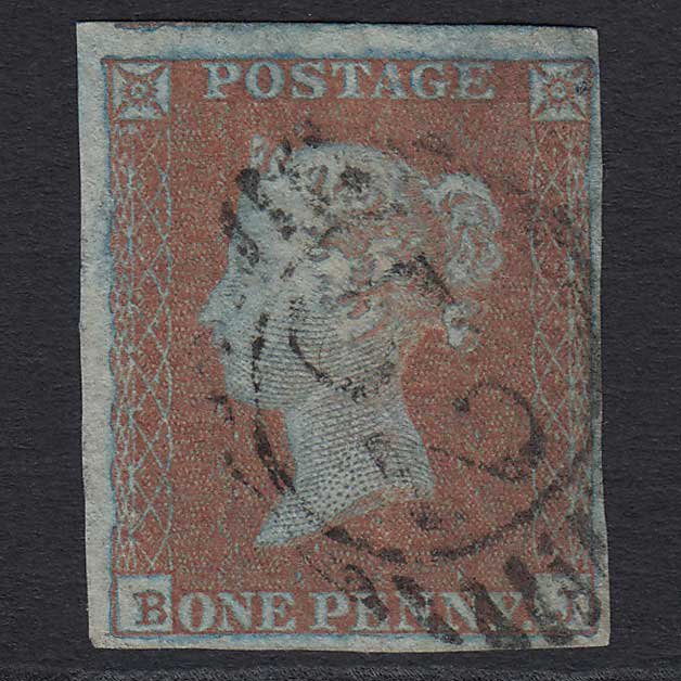 GB QV 1841 1d V Blued (Plate 108) (SG8A) 'BJ' GU 4 Margins London D&S 52