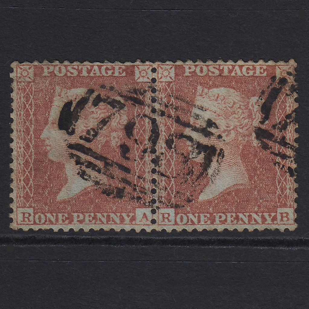 GB QV 1855 1d Red-brown (Plate 4) SG24-C3(1) RA-RB GU Pair Thrapstone 798