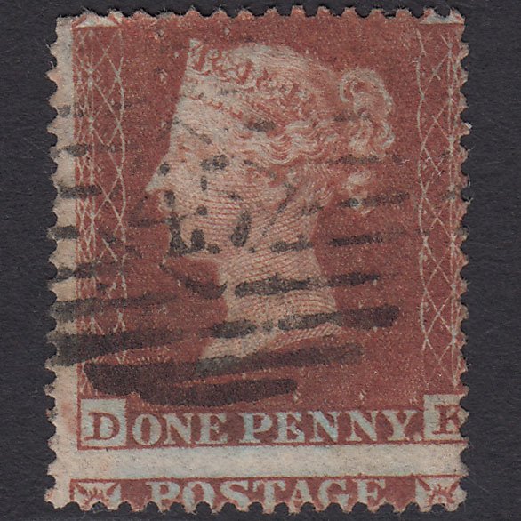 GB QV 1854 1d Plum PL R1 SG17-C1(4) DK GU London IS 45 Huge Misperf Tear