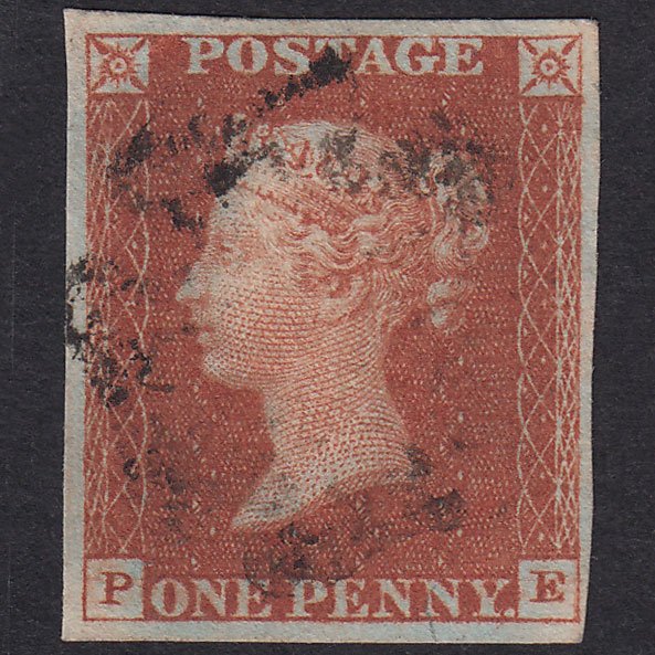 GB QV 1841 1d Red-Brown Plate 34 SG8-B1(1) PE FU 4 Margins Light Cancel