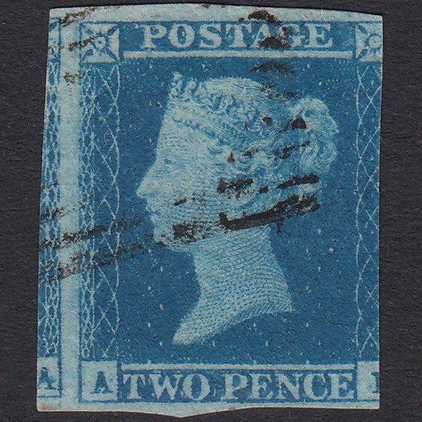 GB QV 1841 2d Blue SG14-E1(2) AB FU 3 Margins Light Cancel