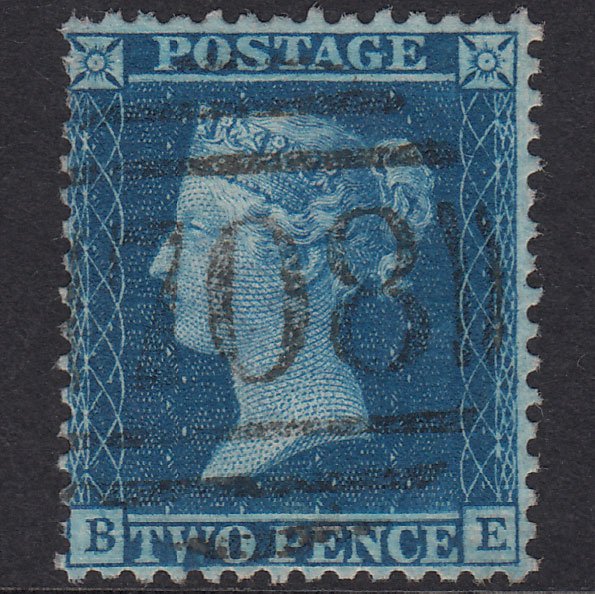 GB QV 1857 2d Blue Plate 6 SG35-F7 BE FU Shrewsbury 708 Well Centred